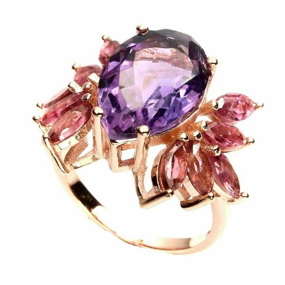 Natural Amethyst & Tourmaline Rose Gold on Sterling Silver Earrings & Ring 7.5 - Picture 7 of 15